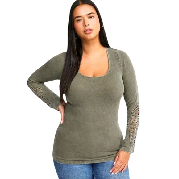 TORRID Plus Size Cotton Modal Green Ribbed Scoop Neck Crochet Long Sleeve Top 3X - Picture 1 of 14